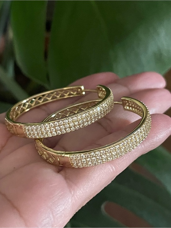 Gold plate Jewelry - Sparkling Triple-Row Pavé Gold Hoop Earrings